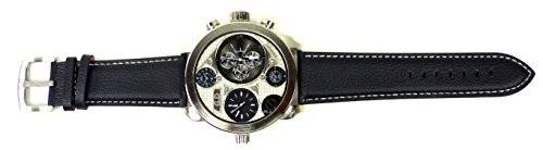 XL Herren Uhr silber 2 Analoge Quarz Uhrwerke Leder Armband schwarz